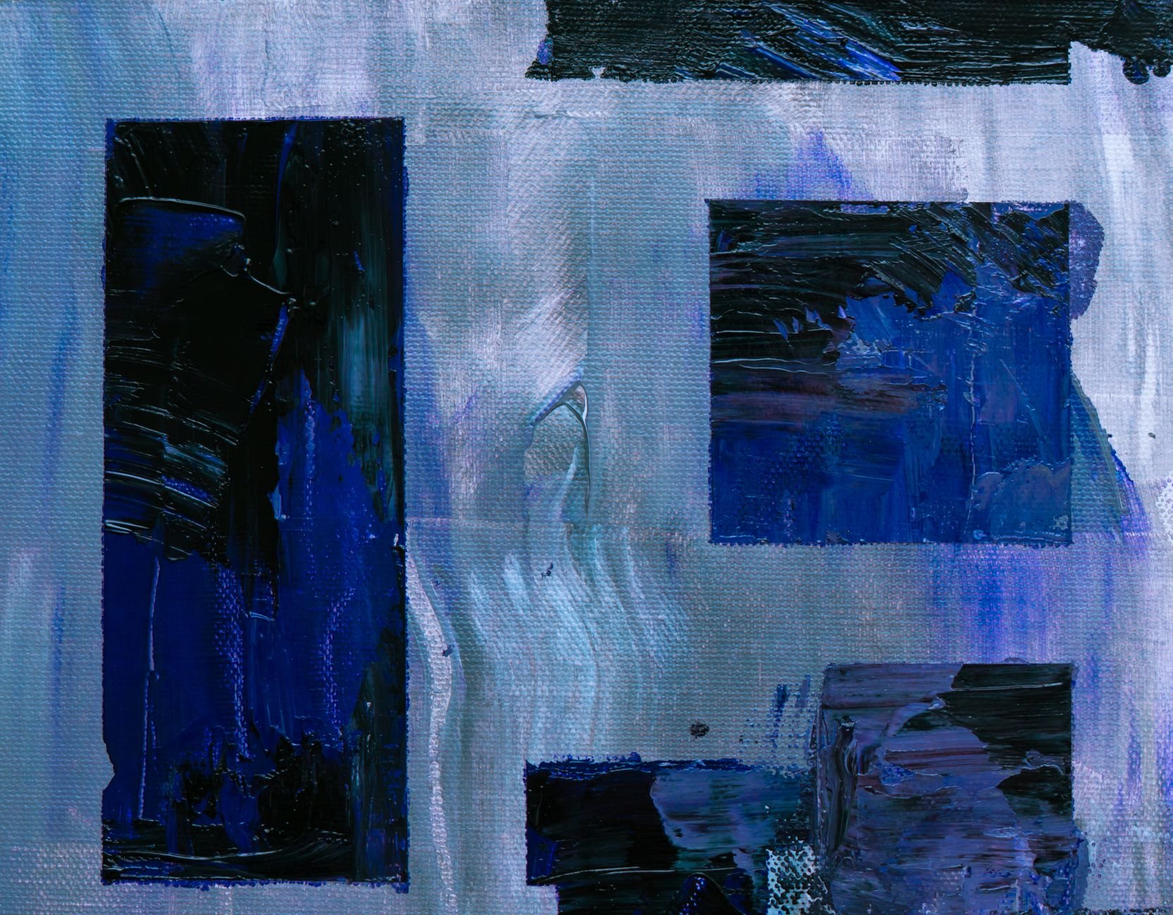Dynamic abstract painting in blue and black with geometric shapes on canvas